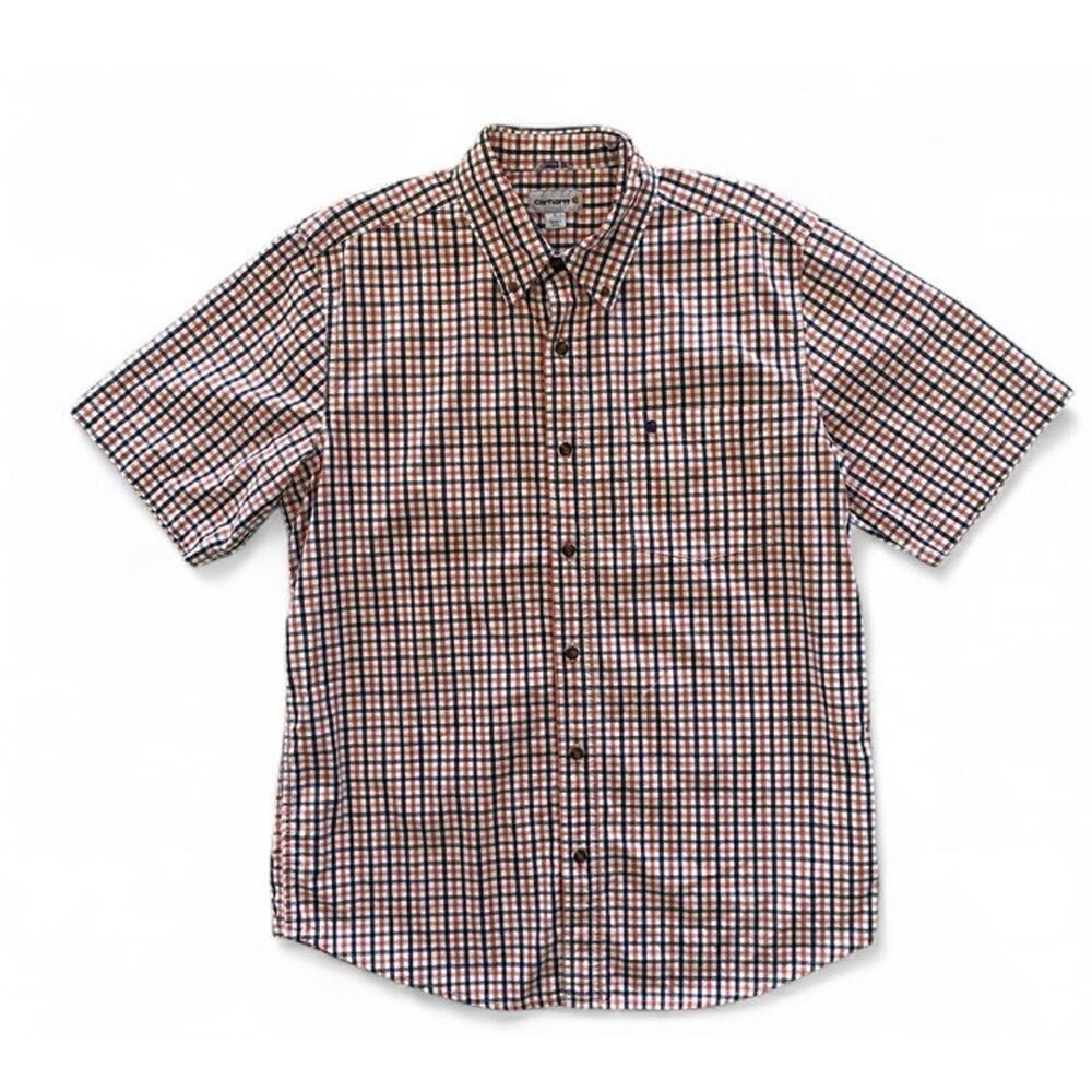 Men’s Carhartt Orange And Navy Plaid Casual Button-up Shirt Sleeve Shirt Size L